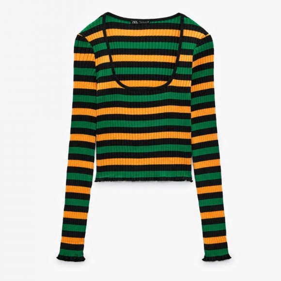 Zara striped black, green and orange ribbed long sleeve top NWT - Picture 1 of 9
